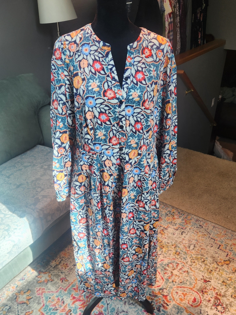 Universal Thread Boho Floral Print Midi Dress Red & Blue Large Good!